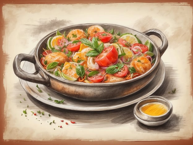 Auf dem Bild ist ein köstliches Gericht in einem rustikalen Topf zu sehen. Es handelt sich um eine bunte Mischung aus Meeresfrüchten, frischem Gemüse wie Tomaten und Limetten, und garniert mit frischen Kräutern wie Basilikum. Diese Zubereitungsart könnte typisch für die mediterrane oder sogar karibische Küche sein, wo frische Zutaten im Vordergrund stehen.Besonders hervorzuheben sind die Aromen, die durch das Zusammenspiel der Zutaten entstehen, sowie die Möglichkeit, das Gericht mit einer würzigen Sauce zu verfeinern, die in einer kleinen Schale daneben serviert wird. Solche Gerichte bieten oft eine gelungene Mischung aus Frische und Geschmack und sind ein wahrhaftes kulinarisches Highlight der regionalen Küche.