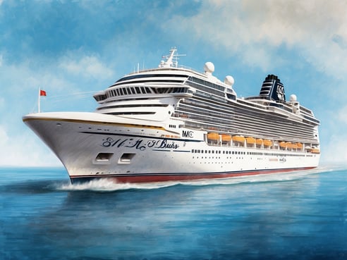 Ein großes Kreuzfahrtschiff mit einem eleganten Design fährt durch ruhigere Gewässer. Die Vorderseite des Schiffs ist deutlich sichtbar, mit einem weißen Rumpf und einem prominent platzierten Schriftzug. Auf dem Hauptdeck sind mehrere große Fenster und orangefarbene Balkone zu sehen, die einen Blick auf das Meer bieten. Der Himmel ist blau mit sanften Wolken, die sich hinter dem Schiff erstrecken. Das Schiff ist mit dem Logo von MSC Cruises versehen, was seine Zugehörigkeit zur Reederei anzeigt. Wie viele Schiffe hat MSC Cruises?