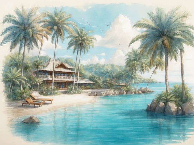 Auf dem Bild ist eine tropische Landschaft mit einem Strand und einer Strandvilla zu sehen, umgeben von Palmen und klarem Wasser.Warum die Malediven? Die Malediven sind bekannt für ihre atemberaubenden Strände, das türkisfarbene Wasser und die einzigartige Flora und Fauna. Sie bieten einen perfekten Ort zum Entspannen und für Wassersportarten, und ihre malerische Schönheit zieht Reisende aus aller Welt an.