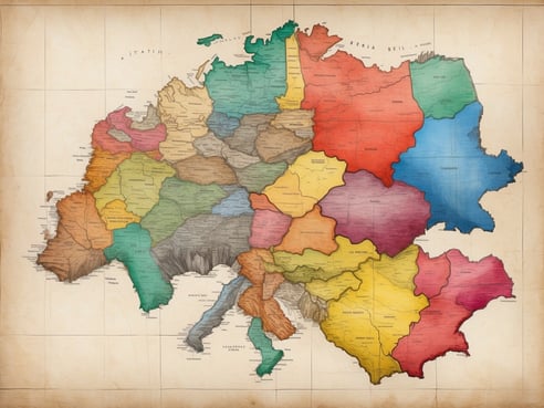 Das Bild zeigt eine historisch gestaltete Karte von Deutschland, die in verschiedene farbige Regionen unterteilt ist. Jede Region ist mit unterschiedlichen Farbtönen hervorgehoben, und die Namen der verschiedenen Gebiete sind vermerkt. Die Karte ist im antiken Stil gehalten und vermittelt einen nostalgischen Eindruck. Deutschland hat insgesamt sechzehn Bundesländer, die sich aus folgendem zusammensetzen: Baden-Württemberg, Bayern, Berlin, Brandenburg, Bremen, Hamburg, Hessen, Mecklenburg-Vorpommern, Niedersachsen, Nordrhein-Westfalen, Rheinland-Pfalz, Saarland, Sachsen, Sachsen-Anhalt, Schleswig-Holstein und Thüringen.
