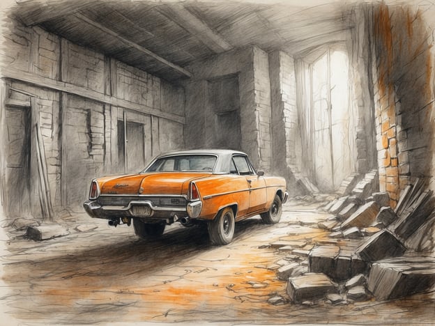 Auf dem Bild ist ein altes, orangefarbenes Auto zu sehen, das in einem verlassenen Raum steht. Der Boden ist mit Steinen und Schutt bedeckt, und das Licht fällt durch ein offenes Fenster.
Beim Erkunden von Lost Places gibt es verschiedene Gefahren und Risiken, die beachtet werden sollten:
1. **Instabilitäten**: Verlassene Gebäude können strukturell unsicher sein. Decken oder Wände könnten einstürzen, was zu schweren Verletzungen führen kann.
2. **Scharfe Gegenstände**: Überall könnten spitze oder scharfe Objekte liegen, die leicht zu Schnitten führen können.
3. **Toxische Substanzen**: Alte Gebäude können Materialien enthalten, die gesundheitsschädlich sind, wie Asbest oder Schimmel.
4. **Tiere**: In verlassenen Orten leben oft wilde Tiere oder Insekten, die gefährlich sein können.
5. **Rechtliche Aspekte**: Das Betreten von privaten oder gesperrten Grundstücken kann zu rechtlichen Konsequenzen führen.
Es ist daher wichtig, vorsichtig zu sein und geeignete Sicherheitsvorkehrungen zu treffen, bevor man Lost Places erkundet.