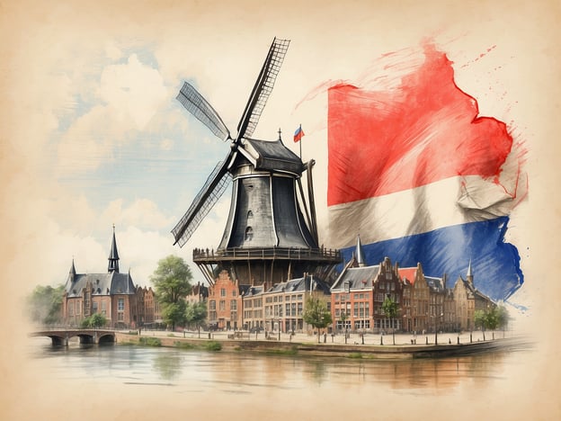 Auf dem Bild ist eine malerische Stadtansicht mit einer traditionellen Windmühle zu sehen, die über einem ruhigen Gewässer thront. Im Hintergrund sind historische Gebäude mit unterschiedlichen Architekturstilen zu erkennen. Links im Bild steht ein weiteres, elegantes Gebäude mit einem spitzen Turm. Die Farben der niederländischen Flagge sind im Bild durch einen Pinselstrich angedeutet, was auf die Niederlande hinweist. Deutschland grenzt im Westen an die Niederlande.