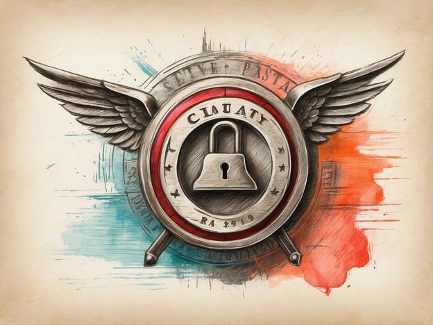 Auf dem Bild ist ein künstlerisches Emblem zu sehen. Es zeigt ein Wappen mit einem Schloss in der Mitte, umgeben von Flügeln und verschiedenen Farbverläufen. Das Design könnte mit Themen wie Sicherheit oder Schutz in Verbindung stehen.Es ist zu beachten, dass dies eine künstlerische Darstellung ist. Bei der Verwendung solcher Bilder sollten urheberrechtliche und rechtliche Aspekte beachtet werden, insbesondere wenn das Bild in kommerziellen oder öffentlichen Kontexten eingesetzt wird.