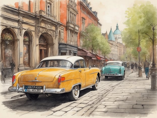 Auf dem Bild ist eine malerische Straße mit historischen Gebäuden und zwei alten Autos, einem gelben und einem türkisen. Die Szene hat eine nostalgische Atmosphäre und zeigt Menschen, die die Straße entlang schlendern.
Wenn man an geheime Ecken in Hannover denkt, könnte man an Orte wie den „Berggarten“ im Botanischen Garten oder die „Altstadt“ mit ihren versteckten Gassen und charmanten Cafés denken. Auch der „Wishing Well“ am Maschsee ist ein ruhiger, wenig bekannter Ort, der sich gut für entspannte Spaziergänge eignet. Solche versteckten Plätze tragen zur besonderen Atmosphäre von Hannover bei.