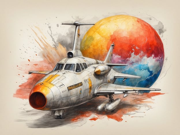 Auf dem Bild ist ein futuristisches Flugzeug zu sehen, das vor einer großen, bunten Planeten- oder Kugeldarstellung platziert ist. Die Darstellung ist künstlerisch und vermittelt den Eindruck eines Weltraumkonzepts oder einer Science-Fiction-Umgebung.
Die Farben und die Detailzeichnung des Flugzeugs, zusammen mit dem Hintergrund, scheinen in einem kreativen Stil gestaltet zu sein, was die Fantasie anregt und zur Erkundung von Themen wie Raumfahrt und Innovation einlädt.