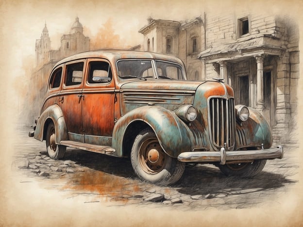 Auf dem Bild ist ein nostalgisches Auto zu sehen, das in einem verlassenen und verfallenen Stadtbild steht. Die Farbe des Fahrzeugs ist stark von Rost und Abnutzung geprägt, was die Spuren der Zeit und die Geschichten, die es erlebt hat, eindrucksvoll widerspiegelt.Die Faszination von Lost Places zieht sich durch diese Szenerie: Die Kombination aus dem alten Auto und der verfallenen Architektur erzeugt ein Gefühl von Melancholie und Vergänglichkeit. Man kann sich vorstellen, wie das Auto einst ein Symbol für Bewegung und Fortschritt war, bevor es in dieser stillen Umgebung dem Verfall preisgegeben wurde. Es erinnert uns an die Geschichten vergangener Zeiten und die Schönheit, die in vergessenen Orten zu finden ist.