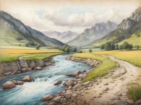 Eine malerische Landschaft zeigt einen klaren Fluss, der sich durch eine grüne Wiese schlängelt. Die Ufer sind mit Steinen gesäumt und es gibt einige große Felsen im Wasser. Im Hintergrund erheben sich sanfte Hügel und majestätische Berge unter einem bewölkten Himmel. Die Natur wirkt friedlich und einladend, während ein schmaler Weg am Fluss entlangführt. In der Umgebung sind einige Bäume zu sehen und das Bild vermittelt eine ruhige, idyllische Atmosphäre.