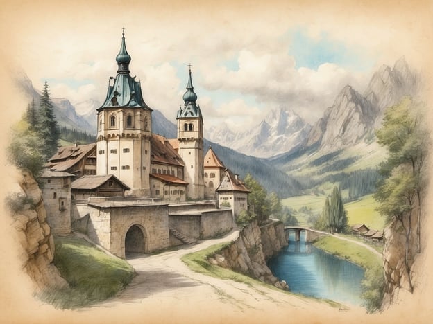 Auf dem Bild ist eine malerische Landschaft mit einem beeindruckenden, historisch wirkenden Bauwerk zu sehen. Die Architektur erinnert an bayerische Schlösser oder Klöster, die häufig im alpinen Raum entstanden. Solche Gebäude sind oft von einer fantastischen Naturkulisse umgeben, wie in diesem Fall mit Bergen und einem ruhigen Fluss im Vordergrund.In der Geschichte Bayerns sind viele solcher Orte wichtig, da sie nicht nur touristische Anziehungspunkte sind, sondern auch kulturelle und historische Bedeutung tragen. Sie spiegeln die handwerklichen Fähigkeiten und die Bautraditionen vergangener Zeiten wider und erzählen von der Geschichte des Glaubens, der Macht und der Kunst in Bayern. Diese Art von Architektur lädt dazu ein, die verborgenen Geschichten dieser Region zu erforschen, die eng mit ihrer Identität verbunden sind.