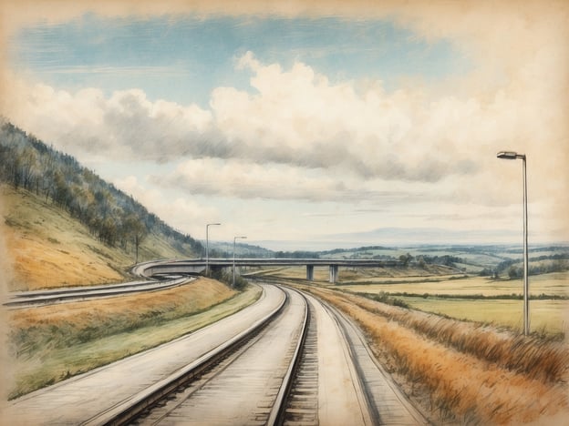 Eine kurvenreiche Straße verläuft zwischen sanften Hügeln und Feldern. Im Hintergrund sind Wolken am Himmel zu sehen, während entlang der Straße einige Laternen stehen. Auf der oberen Ebene sieht man einen Teil einer Brücke, die über die Straße führt. Die Szenerie ist ruhig und zeigt ein harmonisches Zusammenspiel von Natur und Infrastruktur. Wie viele Autobahnkreuze gibt es in Deutschland?