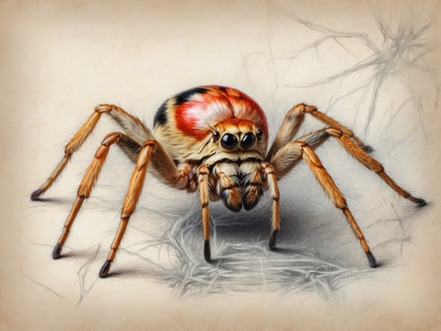 Das Bild zeigt eine große, detailliert dargestellte Spinne mit leuchtend roten und orangefarbenen Markierungen auf dem Rücken. Die Spinne hat einen runden Körper und lange, dünne Beine, die in einem natürlichen Umfeld präsentiert sind. Die Augen sind auffällig und scheinen aufmerksam zu beobachten. Diese Art von Spinne könnte eine Sprungspinne sein, die in Deutschland vorkommt und für ihre auffälligen Farben sowie ihre Fähigkeit bekannt ist, zu springen.