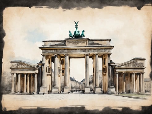 Das Bild zeigt das Brandenburger Tor in Berlin, ein ikonisches Wahrzeichen Deutschlands. Die neoklassizistische Architektur ist durch beeindruckende Säulen und ein aufwändiges Relief gekennzeichnet. Über dem Tor steht die Quadriga, eine von Pferden gezogene Siegesfigur. Im Hintergrund sind weitere historische Gebäude zu erkennen, die die Bedeutung der Umgebung unterstreichen. Ein lebhaftes Treiben von Menschen ist im Vordergrund zu sehen, was die zentrale Rolle des Tors im Stadtleben Berlins illustriert.