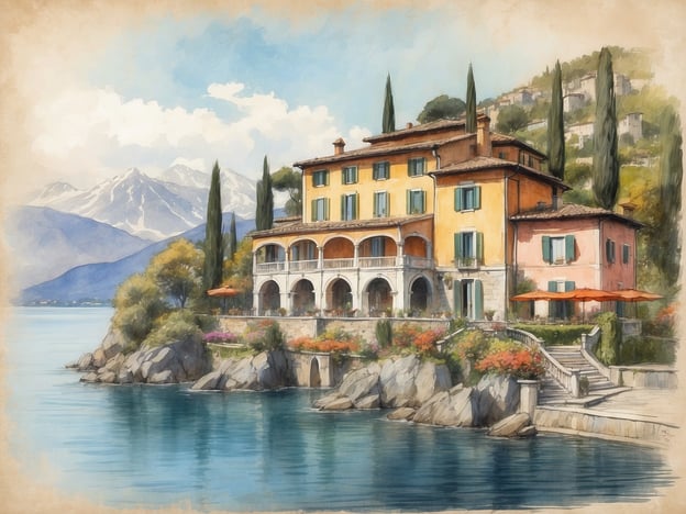 Eine malerische Seelandschaft am Lago Maggiore ist zu sehen. Im Vordergrund erstreckt sich ruhiges, glitzerndes Wasser, das die umgebenden Berge reflektiert. Am Ufer steht ein elegantes, mehrstöckiges Gebäude mit einem gelben und einem rosa Farbton. Die Fassade ist mit Fensterläden in Grün geschmückt. Vor dem Gebäude befindet sich eine Terrasse mit rot-orangefarbenen Sonnenschirmen, umgeben von bunten Blumen und grünen Sträuchern. Im Hintergrund zeichnen sich die majestätischen Berge gegen den blauen Himmel ab, während hohe Zypressen und andere Bäume das Bild umrahmen.