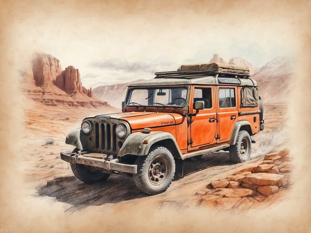 Auf dem Bild ist ein orangefarbener Geländewagen in einer felsigen Wüstenlandschaft zu sehen. Hier sind einige Erkundungstipps für Abenteurer und Fotografen, die in solch einer Umgebung aktiv werden möchten:
1. **Ausrüstung**: Sorgen Sie dafür, dass Ihr Fahrzeug für Offroad-Abenteuer geeignet ist. Stellen Sie sicher, dass Sie das nötige Zubehör dabei haben: Ersatzreifen, Notfallkit und ausreichend Wasser.
2. **Fotografie**: Nutzen Sie das weiche Licht der „Goldenen Stunde“ für atemberaubende Landschaftsaufnahmen. Achten Sie auf die Texturen des Bodens und die Farben der Umgebung, um beeindruckende Bilder zu erstellen.
3. **Erforschen der Umgebung**: Halten Sie Ausschau nach markanten Felsen oder Pflanzen, die interessante Motive bieten. Gehen Sie in die Nähe, um Details zu erfassen, die oft unbemerkt bleiben.
4. **Sicherheit**: Informieren Sie jemanden über Ihre Route und geplante Rückkehrzeit, vor allem, wenn Sie in abgelegenen Gebieten unterwegs sind.
5. **Respekt vor der Natur**: Vermeiden Sie es, vom ausgewiesenen Weg abzuweichen, um die natürliche Umgebung zu schützen und die Tiere nicht zu stören.
Diese Tipps helfen Ihnen, sicher und erfolgreich die Schönheit solcher Landschaften zu erkunden und festzuhalten.