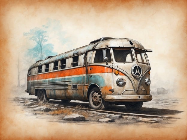 Auf dem Bild ist ein alter, verwitterter Bus zu sehen, der auf einer verlassenen Strecke steht. Die Farben des Busses, mit ihren verblassten Streifen in Orange und Blau, erzählen Geschichten von vergangenen Reisen und Abenteuern. Der Bus scheint von der Natur zurückerobert worden zu sein, umgeben von einer melancholischen, nebelverhangenen Landschaft.Die Faszination von Lost Places liegt oft in der Wahrnehmung der Zeit, die stillzustehen scheint. Solche Orte wecken Erinnerungen und regen die Vorstellungskraft an, während man sich fragt, welche Geschichten dieser alte Bus wohl zu erzählen hätte. Der Verfall und das Vergessen verleihen dem Bild eine besondere Schönheit und laden zu Erkundungen ein.
