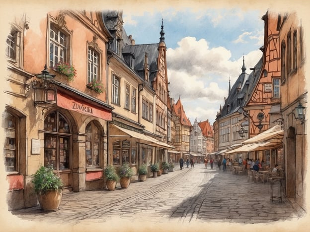 Auf dem Bild ist eine malerische Straßenansicht zu sehen, die mit hübschen, historischen Gebäuden gesäumt ist. Diese Architektur erinnert an die charmanten Altstadtgassen, die man in vielen deutschen Städten finden kann. Café-Terrassen sind zur linken Seite angeordnet, und einige Passanten schlendern gemütlich die Straße entlang.Zwickau - eine Stadt mit verborgenen Schätzen - ist bekannt für ihre beeindruckende Altstadt und bietet viele solcher schönen Ecken, wo man die historische Atmosphäre genießen kann.