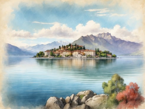 Eine malerische Ansicht des Lago Maggiore mit einem Blick auf eine Insel, die von charmanten Gebäuden umgeben ist. Im Hintergrund sind sanfte Berge und ein klarer blauer Himmel zu sehen, während das Wasser friedlich im Vordergrund reflektiert wird. Die Farben vermitteln eine ruhige Atmosphäre. Der Lago Maggiore ist etwa 65 Kilometer lang.