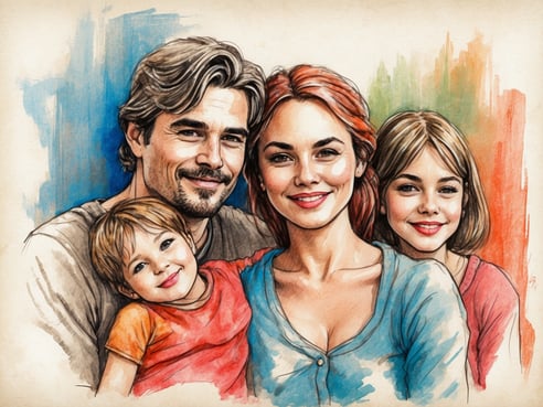 Das Bild zeigt eine glückliche Familie aus vier Personen, die lächeln und sich umarmen. Der Vater steht links mit kurzen, welligen Haaren, seine Tochter sitzt auf seinem Schoß und trägt ein farbenfrohes T-Shirt. Die Mutter steht in der Mitte mit langen, roten Haaren und einem blauen Oberteil, während die ältere Tochter rechts steht und ein rotes Oberteil trägt. Der Hintergrund ist farblich gestaltet mit sanften Farbtönen in Blau und Orange. Die Szene vermittelt Freude und Zusammengehörigkeit.