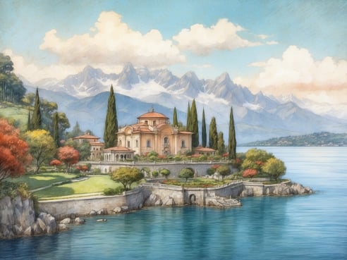 Am Lago Maggiore sieht man eine malerische Villa, umgeben von üppigen Gärten und hohen Zypressen. Im Hintergrund erheben sich majestätische Berge unter einem klaren blauen Himmel. Die Villa hat eine beeindruckende Architektur mit einer runden Kuppel und großen Fenstern. Der ruhige See spiegelt die Farben der Landschaft wider, während schillernde Bäume in verschiedenen Herbsttönen das Bild lebendig machen. Diese Szenerie ist ein idyllischer Rückzugsort und ein Muss für jeden Besucher, der die natürliche Schönheit und kulturelle Vielfalt der Region erleben möchte.