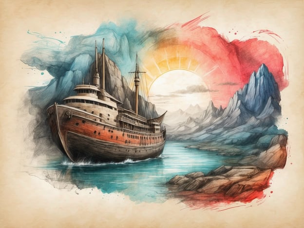 Auf dem Bild ist ein majestätisches Schiff zu sehen, das auf einem ruhigen Gewässer navigiert. Umgeben von beeindruckenden Bergen und einer farbenfrohen Hintergrundszenerie mit einem Sonnenaufgang, strahlt die Komposition eine mysteriöse Ruhe aus.
Die Faszination von Lost Places liegt oft in der Entdeckung der vergessenen Geschichten und der unberührten Schönheit dieser Orte. Hier könnte das Schiff ein Symbol für vergangene Abenteuer und verlorene Zeiten sein, das in der Natur aufgegangen ist. Diese Darstellung regt die Fantasie an und lädt dazu ein, über die Geheimnisse und die Reise des Schiffs nachzudenken, das vielleicht einst mit Leben gefüllt war und nun im Stillstand verweilt.
