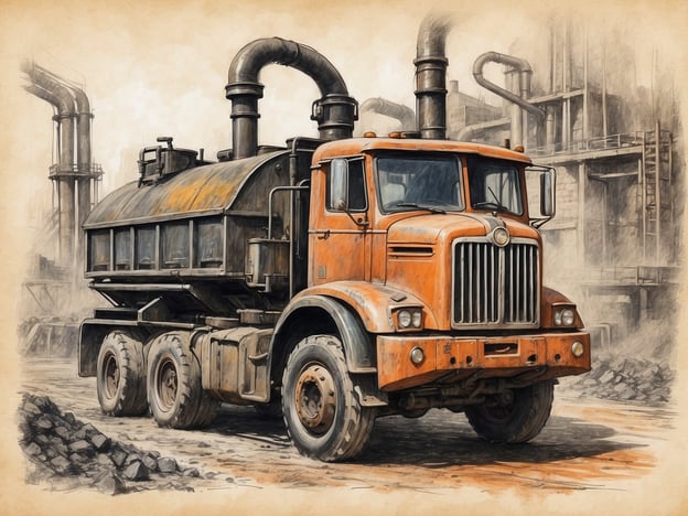 Auf dem Bild ist ein orangefarbener Lkw zu sehen, der möglicherweise in einem industriellen Umfeld eingesetzt wird. Solche Fahrzeuge spielen eine wichtige Rolle in der Geschichte des Ruhrgebiets, das stark von der Kohlenbergwerke- und Stahlindustrie geprägt ist.Der Ruhrgebiet war über viele Jahrzehnte ein Zentrum des industriellen Wachstums in Deutschland. Lkw wie dieser wurden genutzt, um Rohstoffe wie Kohle und Erze zu transportieren und die massive Produktion in den Fabriken zu unterstützen. Die industrielle Landschaft des Ruhrgebiets war typischerweise von rauchenden Schornsteinen und großen Maschinen geprägt, ähnlich wie auf dem Bild angedeutet wird.Die Struktur und der Stil des Lkws könnten auf eine Zeit hindeuten, als die Industrie eine zentrale Rolle im Leben der Menschen hier spielte, was bis heute ein Teil der Identität der Region ist.