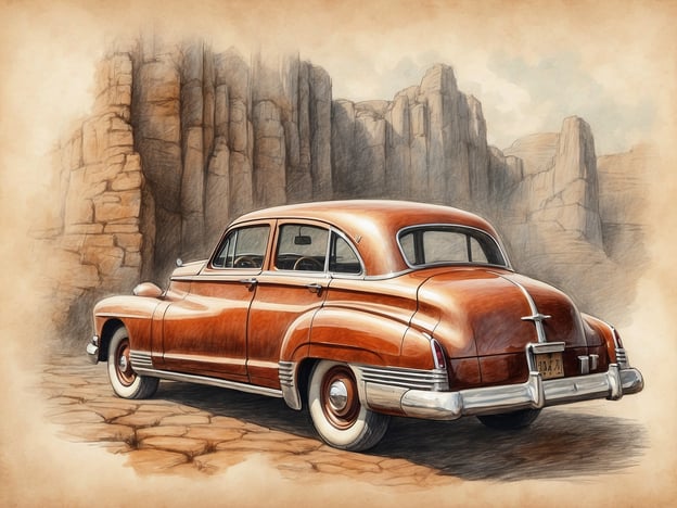 Auf dem Bild ist ein älterer, klassischer Wagen zu sehen, der in einer landschaftlich ansprechenden, zerklüfteten Umgebung geparkt ist. Die Farben und der Stil des Fahrzeugs erinnern an die Mitte des 20. Jahrhunderts, was eine nostalgische Atmosphäre schafft.
In Anlehnung an "Die geheimnisvolle Vergangenheit von Heilbronn" könnte man annehmen, dass solch ein Auto vielleicht Geschichten von längst vergangenen Zeiten erzählt, als die Straßen noch nicht überwiegend von modernen Fahrzeugen geprägt waren. Es könnte auch eine Verbindung zur Geschichte der Region geben, die durch Mobilität und Veränderungen geprägt wurde.
