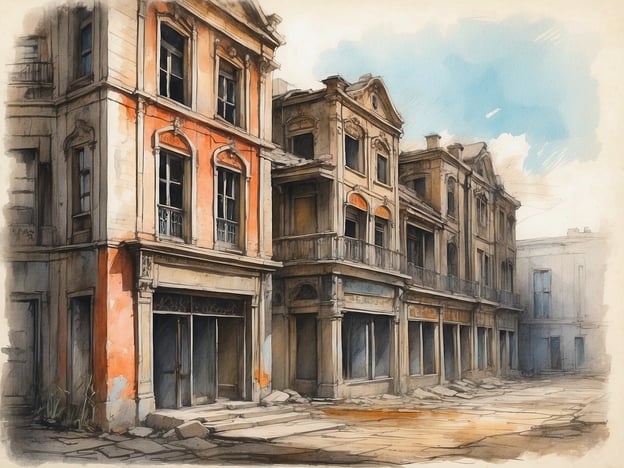 Auf dem Bild sind verlassene Gebäude zu sehen, die Geschichten von vergessenen Zeiten und vergangenen Lebensweisen erzählen. Die ansprechende Architektur und der verblasste Farbton deuten darauf hin, dass diese Strukturen einst lebendig und voller Aktivität waren. Jedes Fenster könnte von einem Leben erzählen, das hier stattfand, von den Menschen, die in diesen Räumen lebten, arbeiteten oder die Gemeinschaft prägten.
Die Reste des ursprünglichen Glanzes, wie die detaillierten Fassaden, lassen erahnen, wie es zu Hochzeiten in dieser Umgebung aussah. Doch jetzt liegen die Straßen leer und das Gras wächst bescheiden durch die Ritzen des Pflasters, was darauf hinweist, dass die Natur allmählich das Überhand gewinnt. Diese Stille und Vergänglichkeit inspirieren oft zur Reflexion über den Lauf der Zeit und die Geschichten, die in den Wänden dieser Gebäude verborgen sind.