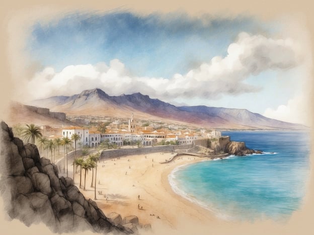 Auf dem Bild ist eine malerische Küstenlandschaft zu sehen, die an die Strände von Teneriffa erinnert. Im Vordergrund erstreckt sich ein goldener Sandstrand, der sanft vom glitzernden blauen Wasser umspült wird. Hinter dem Strand sieht man eine charmante Ansammlung von weißen Gebäuden mit rotgedeckten Dächern, umgeben von palmengesäumten Wegen. Im Hintergrund erheben sich majestätische Berge, die die Kulisse für diese idyllische Szenerie bilden.
Diese Darstellung könnte die geheimnisvolle Geschichte von Teneriffa widerspiegeln, die von alten Legenden, den Ureinwohnern der Guanchen und der reichen Kultur geprägt ist, die die Insel über Jahrhunderte geformt hat. Die Ruhe des Strandes und die Schönheit der Natur laden dazu ein, über die Geheimnisse und Geschichten nachzudenken, die diese beeindruckende Insel verbirgt.