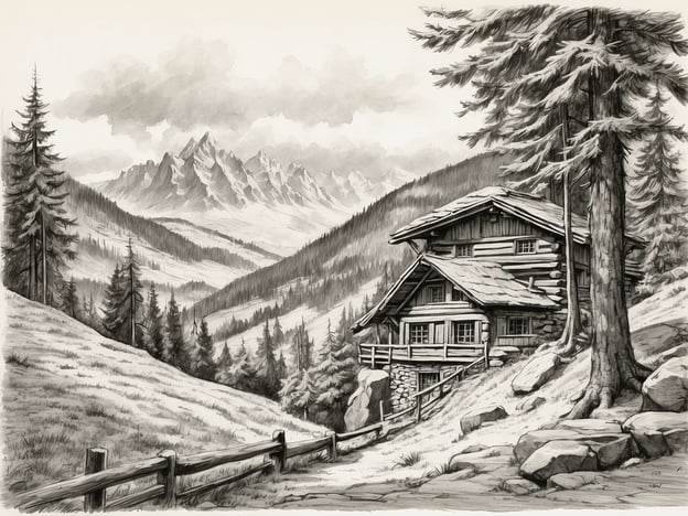 Auf dem Bild ist eine malerische Landschaft mit einem traditionellen Holzhaus im Vordergrund zu sehen, umgeben von einer idyllischen Naturkulisse mit Bergen und Tannenbäumen.Der Schwarzwald ist der perfekte Ort für einen Kurzurlaub, weil er eine atemberaubende Natur bietet, die zum Wandern und Entspannen einlädt. Die Region ist bekannt für ihre abwechslungsreiche Landschaft mit dichten Wäldern, klaren Seen und charmanten Dörfern. Außerdem gibt es zahlreiche Freizeitmöglichkeiten, wie Radfahren, Wellnessangebote und regionale Köstlichkeiten, die man in urigen Gasthäusern genießen kann. Die Mischung aus Erholung und aktiven Erlebnissen macht den Schwarzwald zu einem idealen Rückzugsort für gestresste Städter oder Naturliebhaber.
