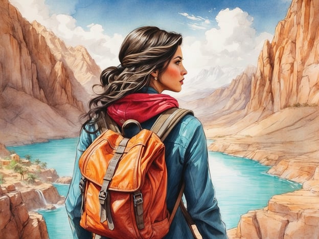 Auf dem Bild sieht man eine junge Frau, die mit einem orangefarbenen Rucksack auf dem Rücken auf einem hohen Aussichtspunkt steht. Sie blickt über eine malerische Landschaft, die von majestätischen Bergen und einem glitzernden Fluss geprägt ist. Der Himmel ist blau mit einigen weißen Wolken, die über den Horizont ziehen.Diese Szene erzählt die Geschichte einer Abenteurerin, die sich auf eine Reise ins Unbekannte begeben hat. Nachdem sie tagelang durch atemberaubende Landschaften gewandert ist, hat sie endlich diesen geheimnisvollen Ort erreicht. Die Schönheit der Natur um sie herum inspiriert sie, weiterzugehen und neue Herausforderungen anzunehmen. Ihre Entschlossenheit und Neugier treiben sie an, neue Höhen zu erklimmen und das weite Land zu erkunden.