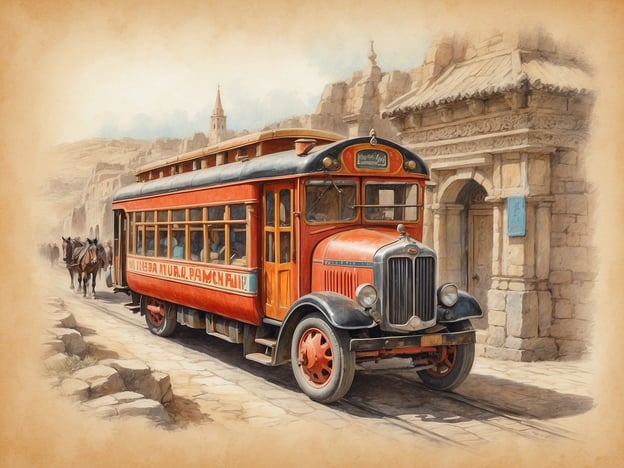 Auf dem Bild ist ein nostalgischer, rot lackierter Bus zu sehen, der in einer historischen Umgebung steht. Die Architektur der Gebäude im Hintergrund deutet auf eine traditionelle Bauweise hin, möglicherweise aus einer früheren Epoche. Die Szene strahlt ein Gefühl von Vergangenheit aus und könnte in einer malerischen Stadt oder einem touristischen Ziel angesiedelt sein.Die Kombination aus dem klassischen Bus und der historischen Kulisse spiegelt die kulturelle Bedeutung der Mobilität und der Transportmittel in der Vergangenheit wider. Solche Busse könnten früher ein wichtiges Bindeglied in der Gemeinschaft gewesen sein, das Menschen miteinander verband und den Austausch von Traditionen und Bräuchen förderte. Die Darstellung könnte auch nostalgische Gefühle wecken und die Wertschätzung für vergangene Handwerkskunst und das tägliche Leben in früheren Zeiten zeigen.