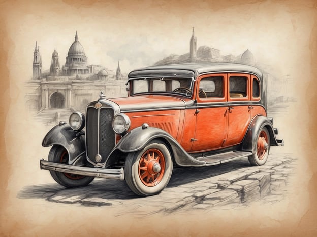 Auf dem Bild ist ein klassisches Auto aus den 1920er oder 1930er Jahren zu sehen, das in einem nostalgischen Stil dargestellt ist. Fahrzeuge dieser Zeit sind oft mit eleganten Linien und einem markanten Design assoziiert, das den Aufbruch in die Moderne symbolisiert.In der ersten Hälfte des 20. Jahrhunderts erlebte die Automobilindustrie einen Boom, der die Mobilität der Menschen revolutionierte. Autos wurden zu einem Symbol für Freiheit und sozialen Status. In vielen Ländern erlebten Städte durch den Anstieg von Autos eine Transformation — Straßen wurden ausgebaut, und die Vororte entstanden.Der historische Kontext des Autos könnte auch mit dem kulturellen Wandel in Verbindung stehen, der in dieser Zeit stattfand, einschließlich der Entwicklungen in Kunst, Architektur und Gesellschaft. Die Darstellung des Fahrzeugs vor einer ikonischen städtischen Kulisse verstärkt diesen Eindruck von Fortschritt und urbaner Entwicklung. So vermittelt das Bild nicht nur einen nostalgischen Blick auf ein Stück Automobilgeschichte, sondern auch auf die gesellschaftlichen Veränderungen, die damit einhergingen.