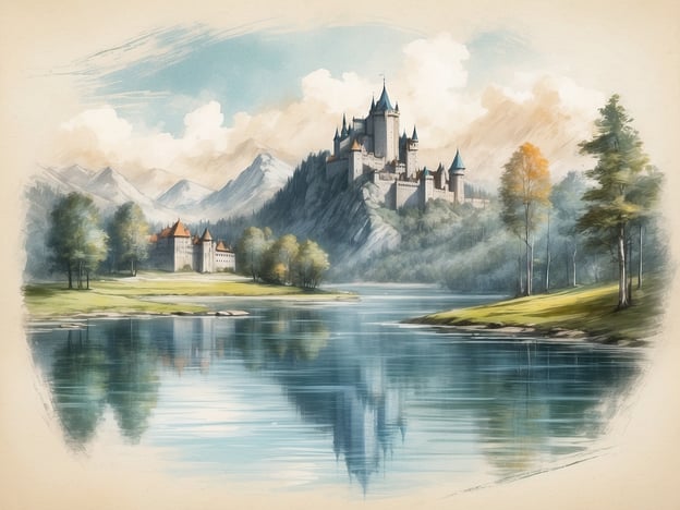 Auf dem Bild ist eine malerische Landschaft mit einer majestätischen Burg zu sehen, die an einige Sehenswürdigkeiten in Brandenburg erinnert. Eine solche Burg könnte das **Schloss Sanssouci** in Potsdam sein, bekannt für ihre beeindruckende Architektur und den wunderschönen Park. Die ruhige Wasseroberfläche und die umgebenden Wälder könnten an den **Scharmützelsee** oder den **Wannsee** erinnern, die ebenfalls beliebte Ausflugsziele in Brandenburg sind. Die Berglandschaft ist zwar nicht typisch für Brandenburg, aber die Szenerie vermittelt eine märchenhafte Atmosphäre, die an die historischen Burgen und Schlösser der Region erinnert.