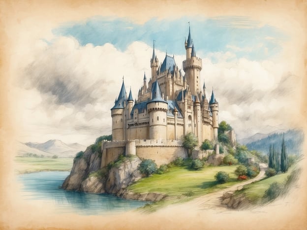 Auf dem Bild ist ein majestätisches Schloss zu sehen, das auf einem Hügel thront und von einer malerischen Landschaft umgeben ist. Die Architektur des Schlosses ist beeindruckend, mit hohen Türmen und spitzen Dächern, die in den Himmel ragen. Um das Schloss fließt ein ruhiger Fluss, der die Szenerie zusätzlich verschönert, während im Hintergrund sanfte Hügel und eine wolkige Himmel stimmungsvoll zur Kulisse beitragen.In Brandenburg könnte so eine Kulisse perfekt für einen Märchenfilm dienen, in dem Prinzen, Prinzessinnen und magische Abenteuer im Vordergrund stehen. Die idyllische Landschaft, kombiniert mit dem imposanten Schloss, bietet eine traumhafte Umgebung für fantasievolle Geschichten.