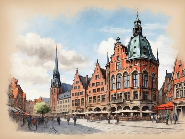 Auf dem Bild ist eine malerische Stadtansicht zu sehen, die an die Architektur von Bremen erinnert. Die historischen Gebäude mit ihren charakteristischen roten Backsteinfassaden und den eleganten Türmen deuten auf den Marktplatz hin, der für Bremen typisch ist. Besonders bemerkenswert sind die gotischen Elemente, die an die Bremer Stadtmusikanten erinnern, eine berühmte Geschichte, die in Bremen spielt.In dieser Erzählung ziehen ein Esel, ein Hund, eine Katze und ein Hahn in die Stadt Bremen, um dort Stadtmusikanten zu werden. Die charmante Atmosphäre des Marktplatzes könnte die Hintergründe dieser Geschichte widerspiegeln, in der Freundschaft und Mut zentrale Themen sind.