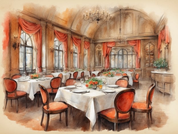Auf dem Bild ist ein elegantes Restaurant zu sehen, das durch seinen stilvollen Innenraum besticht. Die Tischdecken sind weiß und ordentlich gedeckt, was auf eine gehobene Küche hinweist.Kulinarische Highlights, die hier serviert werden könnten, sind fein angerichtete Vorspeisen wie Carpaccio oder frische Meeresfrüchte. Hauptgerichte könnten delikate Fleischfilen, perfekt zubereitete Fischgerichte oder raffinierte vegetarische Optionen sein. Abgerundet wird das Ganze vielleicht mit einem exquisiten Dessert, wie einem Schokoladenfondant oder einer fruchtigen Torte. Die Atmosphäre lädt zum Genießen und Entspannen ein, ideal für ein besonderes Dinner oder einen feierlichen Anlass.