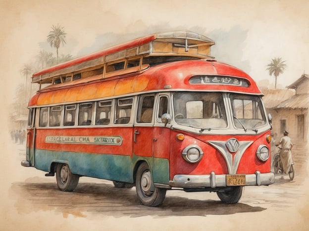 Auf dem Bild ist ein farbenfroher Bus zu sehen, der an traditionelle Verkehrsmittel in einigen afrikanischen Ländern erinnert. Diese Art von Bussen, oft als "Matatus" bezeichnet, spielt eine wichtige Rolle im täglichen Leben und in der Kultur vieler Städte. Sie sind nicht nur ein Fortbewegungsmittel, sondern auch ein Ausdruck lokaler Kreativität und Gemeinschaft.Die lebhaften Farben und die handgemalten Schilder auf dem Bus spiegeln die kulturelle Vielfalt und den Lebensstil wider, der in diesen Gemeinschaften zu finden ist. Häufig werden in solchen Bussen auch Musik und Freundlichkeit geteilt, wodurch eine besondere Atmosphäre entsteht. Die Tradition des gemeinsamen Reisens fördert soziale Interaktionen und ein starkes Gemeinschaftsgefühl.Die Umgebung, die auf dem Bild angedeutet wird, mit Palmen und traditionellen Gebäuden, verstärkt den Eindruck von einem lebendigen und kulturell reichen Ort, der durch solche Verkehrsmittel miteinander verbunden ist.