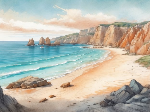 Auf dem Bild ist die Schönheit der Küstenlandschaft zu sehen. Die Szenerie zeigt sanfte Wellen, die an einen goldenen Sandstrand spülen, umgeben von mächtigen Klippen und Felsen. Der Himmel ist strahlend blau mit einigen sanften Wolken, während das Wasser in verschiedenen Schattierungen von Blau bis Türkis leuchtet. Die gesamte Landschaft strahlt eine friedliche und einladende Atmosphäre aus, ideal für entspannende Tage am Meer.