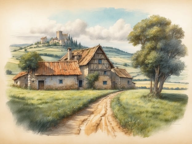 Auf dem Bild ist eine malerische ländliche Szene zu sehen, die an die Geschichte von Niedersachsen erinnert. Die sanften Hügel und die idyllische Landschaft könnten typische Merkmale der niedersächsischen Umgebung sein.Niedersachsen hat eine reiche Geschichte, geprägt von landwirtschaftlicher Tradition und historischen Gebäuden wie Burgen und alten Bauernhöfen. Diese Szenerie könnte eine Darstellung der landwirtschaftlichen Entwicklung im Mittelalter sein, als viele der heutigen Dörfer und Städte in der Region entstanden.Das rustikale Gehöft mit dem traditionellen Dach und der schlichten Architektur spiegelt den Einfluss der verschiedenen Epochen in Niedersachsen wider, von der Hansezeit bis zur Neuzeit. Die Landschaft lädt zum Verweilen ein und zeigt die natürliche Schönheit, die Niedersachsen zu bieten hat.