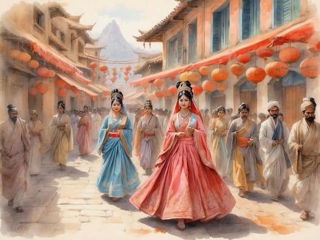 Auf dem Bild sind zwei Frauen in traditionellen, farbenfrohen Kleidern zu sehen, die durch eine historische Straße gehen. Diese Mode erinnert an die alte chinesische Tracht und spiegelt die Ästhetik einer bestimmten Kultur wider.Die roten Laternen, die entlang der Straßen hängen, sind ein Symbol für Feierlichkeiten und werden oft bei Festen wie dem chinesischen Neujahr verwendet. Die Szene vermittelt den Eindruck eines festlichen Anlasses, bei dem Tradition und Gemeinschaft gefeiert werden.Die anderen Personen im Hintergrund scheinen die beiden Frauen zu beobachten oder an der Feier teilzunehmen, was auf die Rolle der Gemeinschaft in kulturellen Prozessen hinweist. Solche Traditionen sind wichtig für die Erhaltung des kulturellen Erbes und die Verbindung zwischen den Generationen.