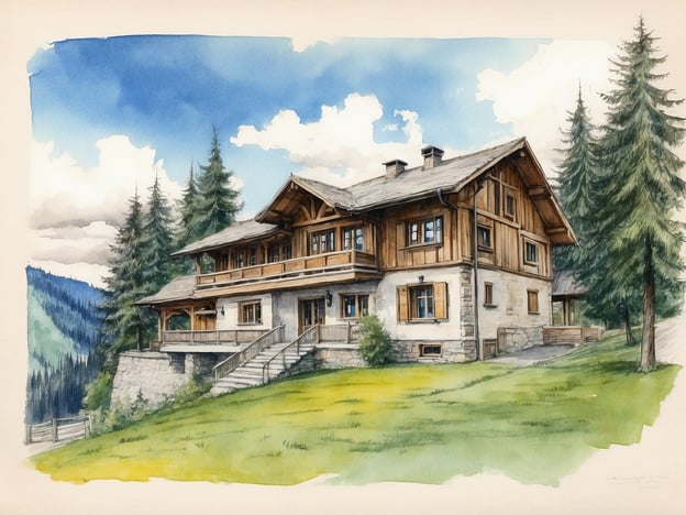 Das Bild zeigt ein malerisches, traditionelles Haus, umgeben von Bäumen und einer grünen Wiese, das in einem ländlichen oder alpinen Umfeld zu stehen scheint.Bezogen auf die Geschichte der Volksbank Mittlerer Schwarzwald könnte man annehmen, dass solche idyllischen Landschaften und typischen Häuser in der Region eine wichtige Rolle für die lokale Gemeinschaft und deren wirtschaftliche Entwicklung gespielt haben. Die Volksbank hat sich stark für die Unterstützung lokaler Projekte und die Förderung der Region eingesetzt, wodurch die Verankerung solcher historischen Gebäude und das Erhalten des kulturellen Erbes gefördert wurden. Auch die lokale Landwirtschaft und die damit verbundenen Wertschöpfungsketten könnten durch die Bank unterstützt worden sein.