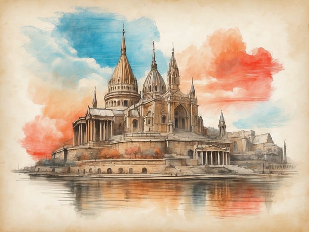 Auf dem Bild ist eine künstlerische Darstellung eines beeindruckenden Bauwerks zu sehen, das dem Ungarischen Parlament in Budapest ähnelt. Dieses Gebäude ist ein herausragendes Beispiel für neogotische Architektur und wurde zwischen 1885 und 1904 erbaut. Es ist nicht nur das größte Gebäude Ungarns, sondern auch eines der markantesten Wahrzeichen der Hauptstadt.Die Architektur des Parlaments ist stark von der ungarischen Geschichte und Kultur geprägt. Mit seinen charakteristischen Türmen und dem prachtvollen Innenraum symbolisiert es die politische Macht und die nationale Identität des Landes. Außerdem spielt die Lage direkt am Donauufer eine wichtige Rolle, da der Fluss eine bedeutende Verbindung für Handel und Transport in der Region darstellt.Die Farben im Bild, die von sanften Blautönen bis hin zu warmen Rottönen reichen, könnten die verschiedenen Stimmungen und Atmosphären widerspiegeln, die die Donau und die Stadt im Laufe der Tageszeiten und Jahreszeiten erzeugen. Budapest ist bekannt für seinen romantischen Charme, und das Parlament ist ein zentraler Teil dieser Wahrnehmung.