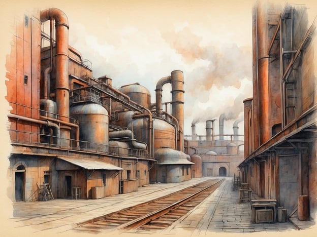 Auf dem Bild ist eine industrielle Landschaft zu sehen, die an die typischen Merkmale des Saarlands erinnert, besonders in den Zeiten der Schwerindustrie. Das Saarland war im frühen 20. Jahrhundert bekannt für seine Stahl- und Kohlenindustrie. Die dargestellten fabrikartigen Gebäude mit großen Rohren und rauchenden Schornsteinen könnten eine Szene aus dieser Zeit darstellen, als die Region ein Zentrum für Eisen- und Stahlproduktion war.Die wirtschaftliche Bedeutung des Saarlands resultierte nicht nur aus den natürlichen Ressourcen, sondern auch aus der industriellen Entwicklung, die zahlreiche Arbeitsplätze schuf und die Region prägte. Aufgrund dieser industriellen Vergangenheit hat das Saarland eine besondere kulturelle Identität entwickelt, die immer noch in vielen Aspekten des Lebens und der Landschaft sichtbar ist.