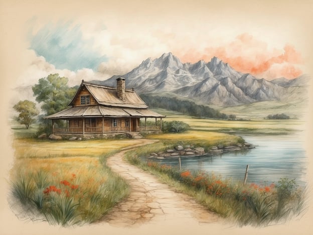 Auf dem Bild ist eine malerische Landschaft mit einem Holzhaus zu sehen, umgeben von Wiesen und Bergen im Hintergrund. Diese Art von ländlicher Idylle erinnert an die Traditionen und die Kultur im Saarland, wo man oft ähnliche alte Bauernhäuser und Ferienhütten findet, die im Einklang mit der Natur stehen.Im Saarland sind solche Holzhäuser ein Teil des regionalen Erbes, und viele Dorfgemeinschaften pflegen traditionelle Bauweisen. Die ländlichen Gegenden sind auch bekannt für ihre idyllischen Wege entlang von Flüssen und Wiesen, die zu den besonderen Naturschätzen der Region beitragen. Feste und Bräuche, die im Einklang mit der Natur stehen, sind ebenfalls ein wichtiges Element der saarländischen Kultur.