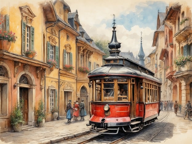 Auf dem Bild ist eine alte Straßenbahn in einer malerischen Stadtstraße zu sehen, umgeben von historischen Gebäuden mit farbenfrohen Fassaden und eleganten Fenstern. Diese Szenerie könnte die kulturellen Wurzeln Sachsens widerspiegeln, wo historische Städte wie Dresden und Leipzig für ihre beeindruckende Architektur und lebendige Straßenbahnsysteme bekannt sind.Traditionen in Sachsen beinhalten auch die Pflege von Handwerkskunst und die Durchführung von Festen, bei denen oft traditionelle Trachten getragen werden – wie möglicherweise von den Spaziergängern im Bild angedeutet. Die Straßenbahn, die als gemeinschaftliches Verkehrsmittel dient, ist ebenfalls ein Symbol des urbanen Lebens in Sachsen und könnte möglicherweise zu Veranstaltungen oder Märkten führen, die die sächsische Kultur und Lebensweise feiern.