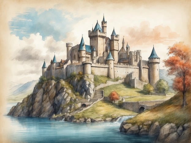 Auf dem Bild ist eine imaginäre Burg zu sehen, die an eine mittelalterliche Festung erinnert. Diese Art von Architektur findet man in vielen Regionen Deutschlands, einschließlich Thüringen, das für seine zahlreichen Schlösser und Burgen bekannt ist.In Thüringen gibt es viele historische Burgen, wie die Wartburg in Eisenach, die eine wichtige Rolle in der deutschen Geschichte gespielt hat. Sie diente nicht nur als Residenz, sondern auch als Ort für wichtige kulturelle und politische Ereignisse. Die Region ist reich an Geschichten von Rittern, Prinzessinnen und bedeutenden historischen Persönlichkeiten, was die Burgen zu faszinierenden Zeugen der Thüringer Geschichte macht.Das Bild könnte also in die Reihe der vielen beeindruckenden Burgen passen, die die Landschaft Thüringens prägen und Dutzende von Geschichten und Legenden erzählen.