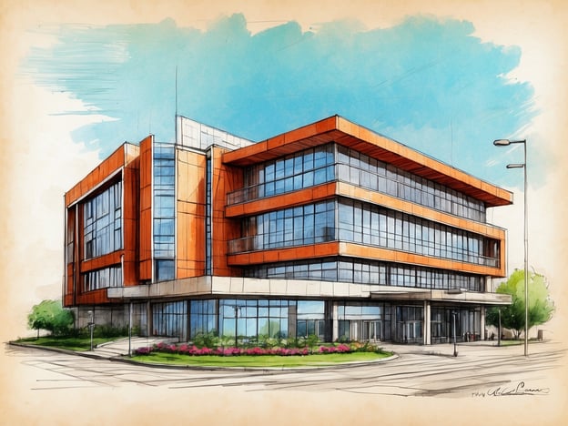 Auf dem Bild ist eine moderne Architekturzeichnung eines Gebäudes zu sehen, die durch ihre klaren Linien und Glasfronten besticht.Das Schwarzwald Baar Klinikum in Villingen-Schwenningen hat eine interessante Geschichte. Es wurde 1994 gegründet und hat sich zu einem wichtigen Gesundheitszentrum in der Region entwickelt. Das Klinikum legt Wert auf eine patientenorientierte Versorgung und bietet eine Vielzahl von medizinischen Fachrichtungen an. Über die Jahre hinweg wurden mehrere Erweiterungen und Modernisierungen vorgenommen, um den steigenden Anforderungen und dem medizinischen Fortschritt gerecht zu werden.Die Abbildung könnte somit ein symbolisches Beispiel für die moderne Entwicklung und den Fortschritt im Gesundheitswesen darstellen, den das Klinikum repräsentiert.