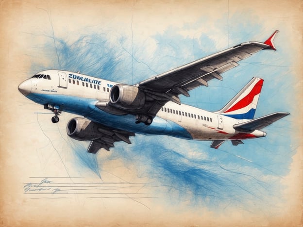 Ein Flugzeug ist zu sehen, das in den Himmel fliegt. Es hat eine blaue und weiße Farbgebung mit roten Akzenten. Die Tragflächen sind breit und sichtbar, während der Himmel hellblau ist. Im Hintergrund sind vereinzelte Wolken angedeutet. Dieses Bild könnte auf die Frage eingehen, wie lange man auf die Kapverden fliegt, indem es das Thema Flugreisen visuell darstellt.