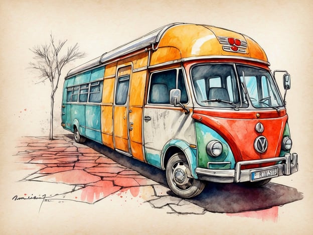 Auf dem Bild ist ein bunter Oldtimer-Bus zu sehen, der auf einer gepflasterten Straße parkt. Der Bus hat eine auffällige Farbgestaltung mit orange, grün und rot und ist von einer schlichten Landschaft umgeben.Wenn es um medizinische Leistungen geht, könnte man in einem ähnlichen Busmobile Gesundheitsdienste anbieten, wie z.B. Impfungen, Gesundheitsuntersuchungen oder Erste-Hilfe-Kurse. Solche Angebote könnten besonders in ländlichen oder unterversorgten Gebieten von großem Nutzen sein.