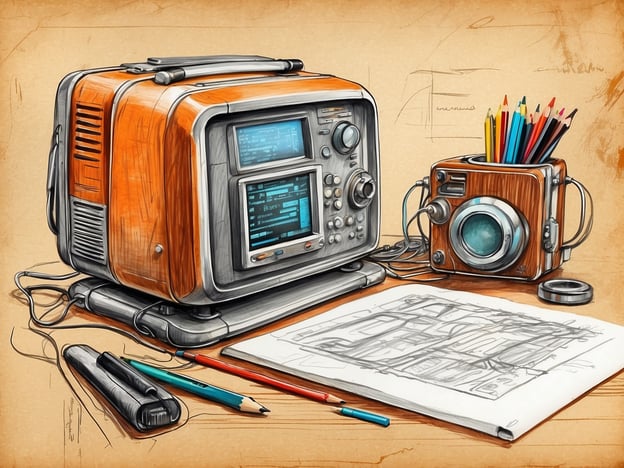 Auf dem Bild sind ein Retro-Radio und eine klassische Kamera zu sehen, die zusammen mit Zeichenutensilien und einem Skizzenblock angeordnet sind. Diese Anordnung vermittelt einen Eindruck von Kreativität und Nostalgie.Zukünftige Entwicklungen könnten eine verstärkte Integration von digitalen Technologien in solche klassischen Geräte bedeuten. Beispielsweise könnten Radios mit Streaming-Funktionen und Kameras mit integrierter Bildbearbeitungssoftware auf den Markt kommen. Auch das Design könnte sich weiter in Richtung umweltfreundlicher Materialien entwickeln, was eine Verbindung zwischen modernem Lifestyle und traditioneller Ästhetik schaffen würde.Diese Kombination aus Alt und Neu könnte die Art und Weise, wie Menschen mit Medien und Kunst interagieren, nachhaltig beeinflussen.