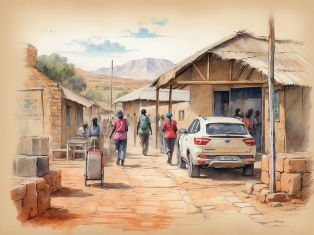 Eine malerische Darstellung einer ländlichen Straße in Südafrika, die von einfachen Häusern mit Strohdächern gesäumt ist. Auf der linken Seite sind einige Steinkästen angeordnet, während eine Gruppe von Menschen in verschiedenen Kleidungsstücken in Richtung eines Gebäudes geht. Ein weißes Auto steht am rechten Rand der Szene. Im Hintergrund erstrecken sich sanfte Hügel und Berge unter einem hellblauen Himmel mit einigen Wolken. Die Gesamtatmosphäre ist lebhaft und zeigt das tägliche Leben in dieser Region. Impfempfehlungen für Südafrika umfassen Hepatitis A, Typhus und Malariaprophylaxe in bestimmten Gebieten.